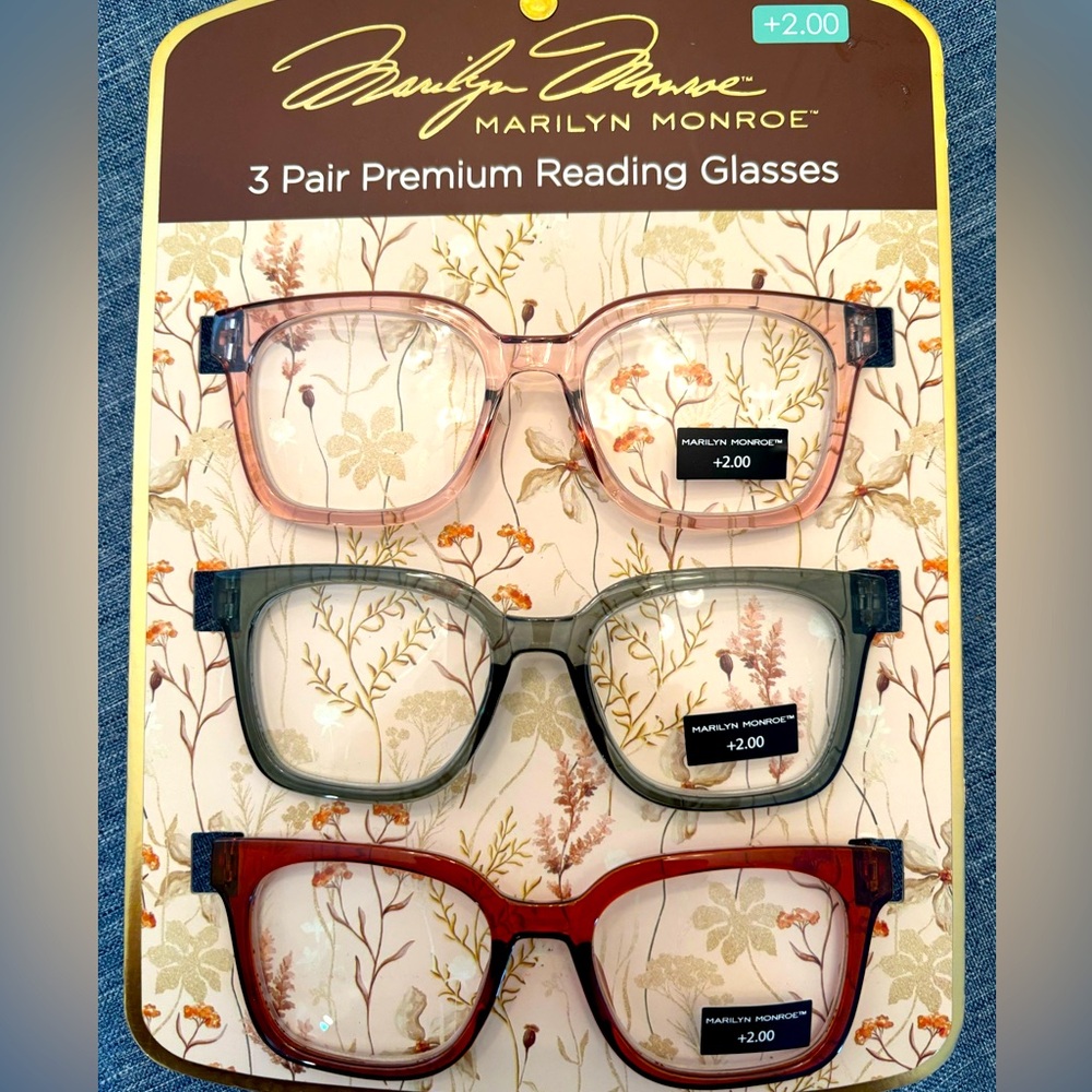Marilyn Monroe Pink, Green, and Brown Reading Glasses Trio +2.00